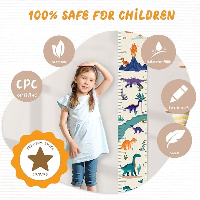 Woodemon Customize Name Canvas Growth Chart for Kids, Dinosaur Unisex Kids Room Wall Decor, Measuring Height Chart, Wall Tape with Height Chart for Kids, Foldable Height Tracker, Lightweight