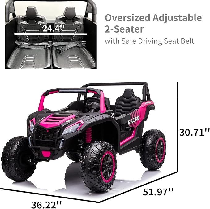 POSTACK XXXL 24V 2 Seater Ride On Car with Remote Control 4WD Ride On Toys for Big Kids 4x4 Battery Powered Electric UTV for Kids 3-12 Year Off Road Truck with LED Lights 3 Speeds Bluetooth, Pink