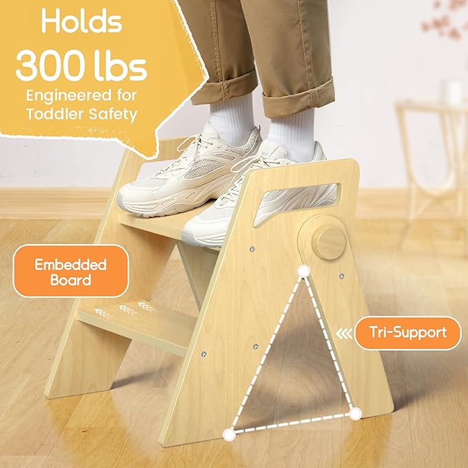 HOMEKOL Toddler Kids Step Stool: Wooden 2 Step Stool for Bathroom Sink, Foldable, Natural Wood Color