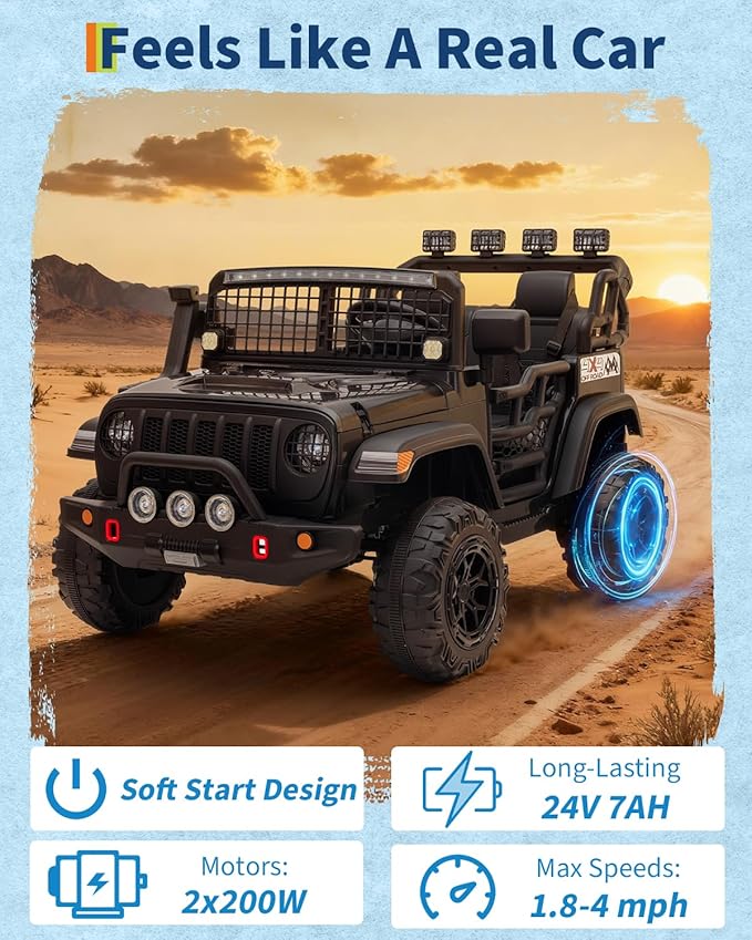 2 Seats 24V Kids Electric Ride on Car with Remote Control, 20" Large Seat with 2 Safety Belts, Two 200W Battery Powered Electric Vehicle for 3+ Years, LED Light,Music,Horn,USB Port, Riding Toy,Black