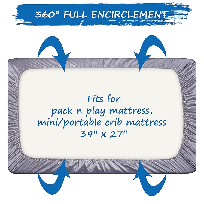 Satin Pack and Play Playard Sheet, Soft & Silky Mini Crib Mattress Sheets Cover (39"x27"x5") for Boys and Girls, Great for Baby Hair and Skin, Grey