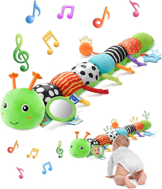 Baby Toys 6-12 Months Music Caterpillar,Stuffed Animals Infant Toys 0-3-6 Months,Teething Sensory Toys Tummy Time with Mirror Crinkle Rattle&Pull String for Boys Girls Gifts Birthday|Green