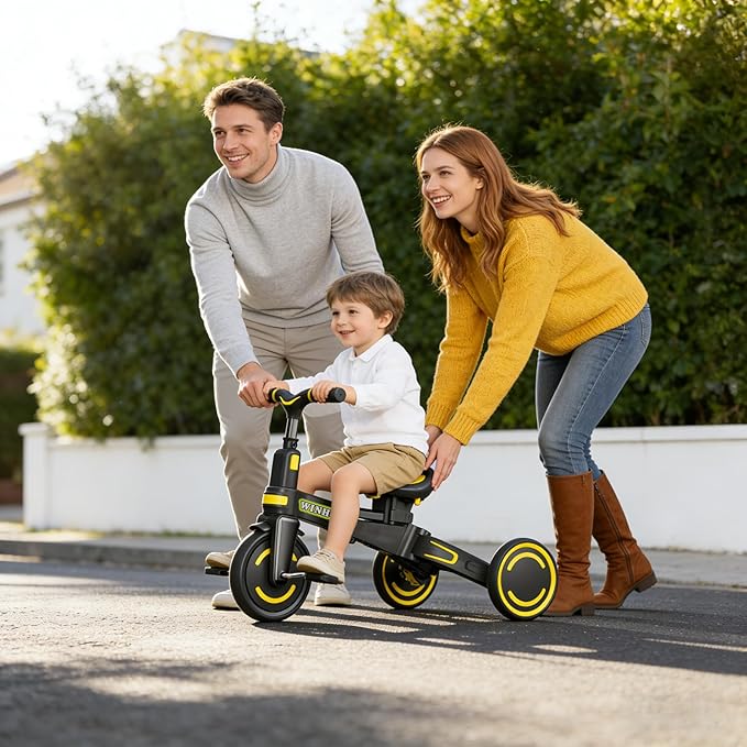 WinHope 9-in-1 Push Tricycle for Toddlers 1-3 Years | Convertible Kids Trike with Adjustable Parent Handle & Safety Harness, Lightweight Foldable Design + Storage Basket for Boys & Girls (Black)