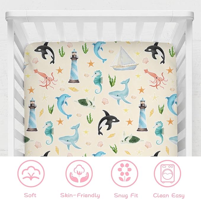Colorful Sea Animals Baby Crib Sheet 52''x28'' Ocean Whale Dolphin Turtle Shells Coral Lighthouse Ship Stretchy Fitted Crib Mattress Cover for Boy Girl Baby Sheets for Standard Crib Toddler Mattress