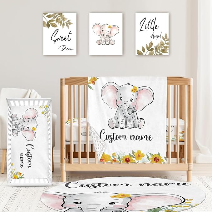 Personalized Baby Crib Bedding Set: 4 Piece Custom Yellow Floral Elephant Crib Bed Set with Name, Nursery Bedding Set for Baby Girls, Newborn Boys Crib Sets, Crib Bedding Custom Gift, Crib Sheet