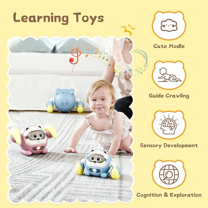 Rolling Baby Toy Crawling Toys, Baby Musical Toys 360° Rolling Bouncing Tummy Time Toys Bear Walking Moving Infants Toy, Learning Walking Toys Birthday for Toddler Boys & Girls