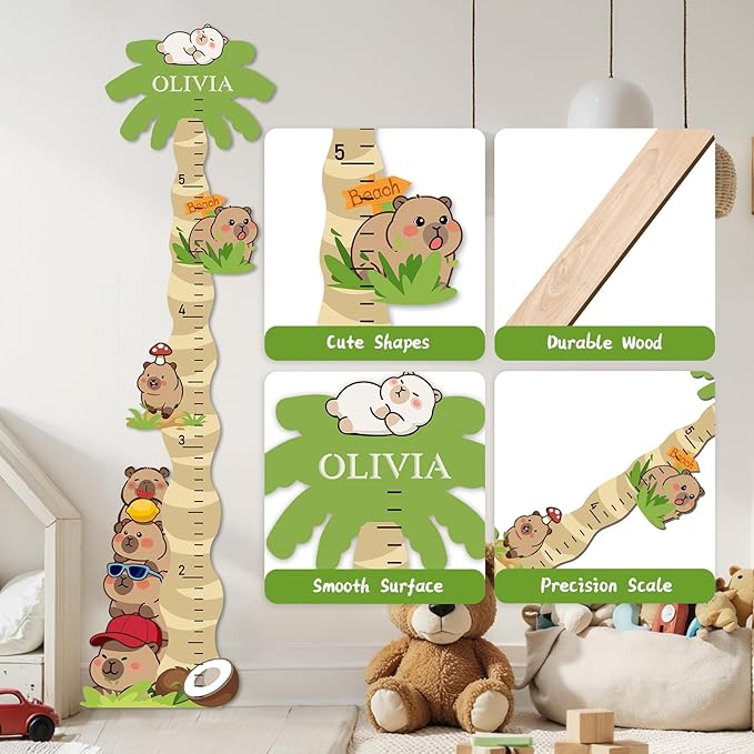 Woodemon Personalized Name Growth Chart for Wall, Cute Capybara Wood Height Chart for Kids, Boy Girls Height Measurement Growth Measuring Ruler, Toddler Children Playroom Decor