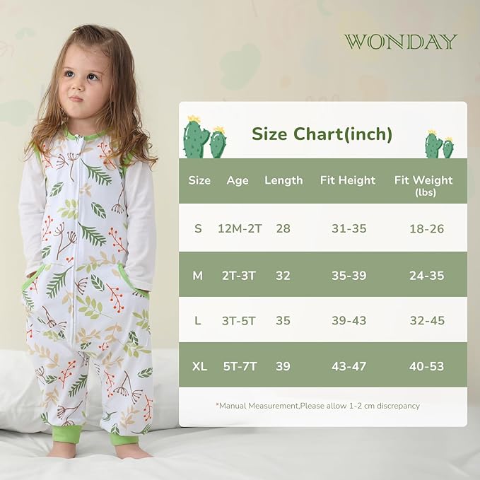 WONDAY Toddler Sleep Sack with Feet, 0.5 Tog Sleeping Sacks for Walking with Legs 12-18 Months 2T