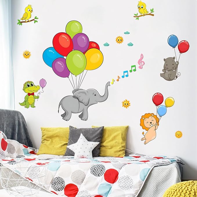 Eutecado Forest Animals Balloon Wall Decals Colorful Kids Wall Stickers, Lovely Elephant Hippo Lion Crocodile Wall Stickers Sun Clouds Art Decals for Nursery Classroom Playroom Cute Room Decor