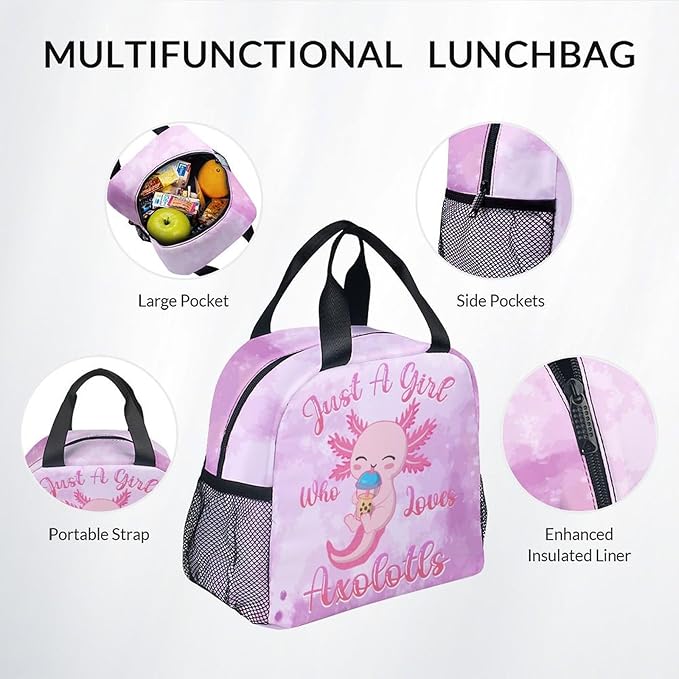 COZYAURA Kids Backpack with Lunch Box - Cute Axolotl Preppy Backpack for School - Lightweight Pink Backpacks for Girls