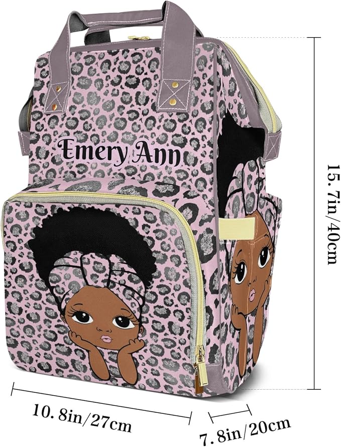 Personalized Leopard Afro Girl Custom with Name Diaper Bag Backpack For Baby Boy Girl Dad Mom Unisex for Adult Daypack Holiday Gift