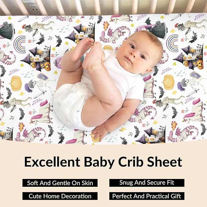 Halloween Fairytale Princess Castle Dragon Baby Crib Sheets Spooky Pumpkin Bats Soft Baby Sheets Gothic Halloween Night Fitted Crib Mattress Cover for Standard Crib Toddler Mattress 52"x28"