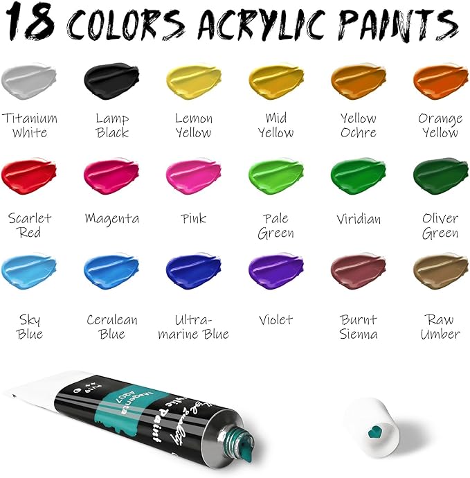 LEYEMO Acrylic Paint Set for Kids, Art Supplies Painting Kit with18 Acrylic Paints, 5 Canvas, 8 Paint Brushes, Easel, Palette ETE, Paint Set Gifts for Adults & Artist