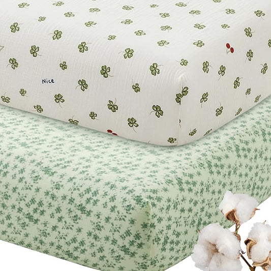 SiinvdaBZX 2 Pack Pack n Play Sheets, Ultra Soft Muslin Cotton Mini Crib Sheets Breathable Neutral Toddler Playard Bedding Cover for 38"x27" Portable/Mini Crib Mattresses (Leaf + Clovers)
