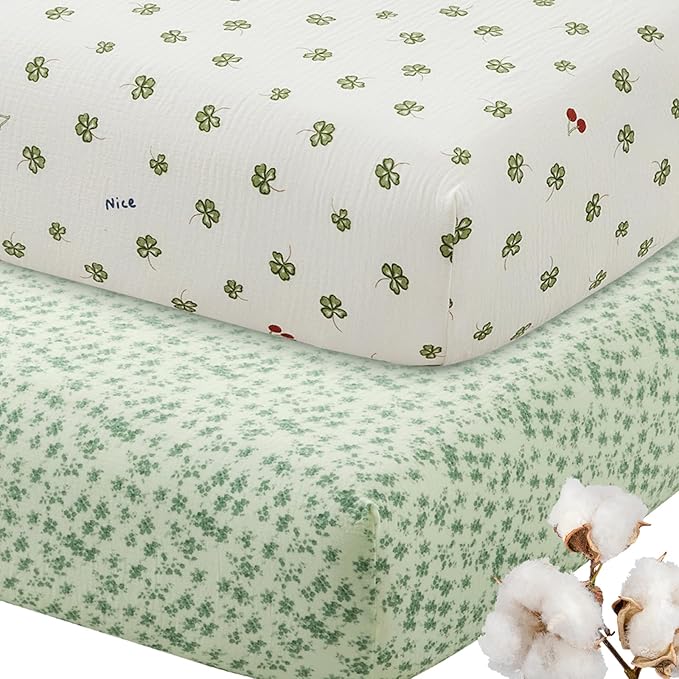 SiinvdaBZX 2 Pcs Muslin Crib Sheets Neutral, Ultra Soft Cotton Breathable Fitted Baby Crib Mattress Sheets for 52"x28" Standard Toddler Mattress (Leaf + Clovers)