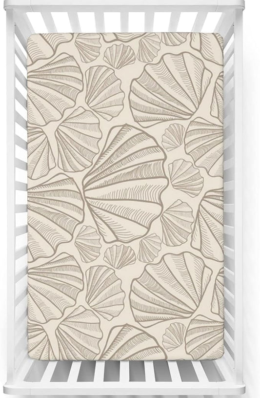 Seashells Themed Fitted Mini Crib Sheets,Portable Mini Crib Sheets Soft and Breathable Bed Sheets-Baby Crib Sheets for Girl or Boy,24“ x38“,Tan and Beige