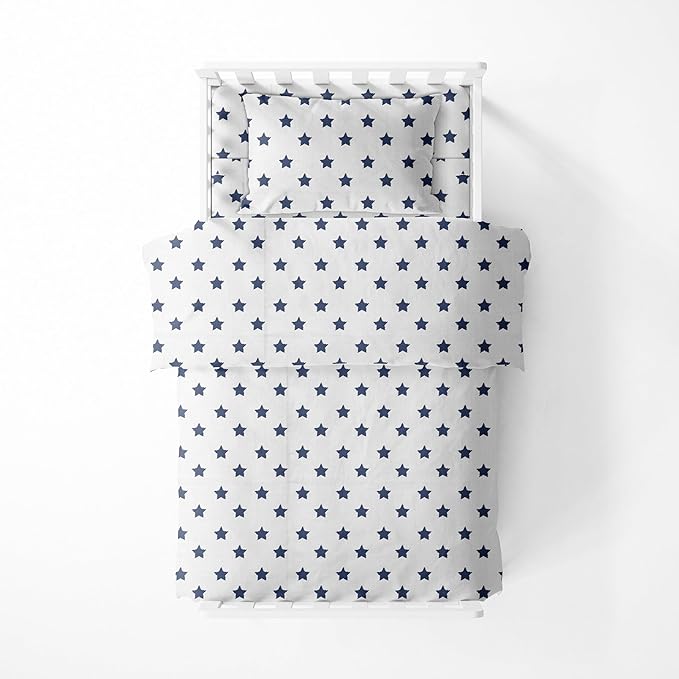 Bacati - Muslin Ikat Stars 4 Piece Boys Toddler Bedding Set 100 Percent Cotton Includes Reversible Comforter, Fitted Sheet, Top Sheet, and Pillow Case (4 pc Toddler Bedding Set, Navy Stars)