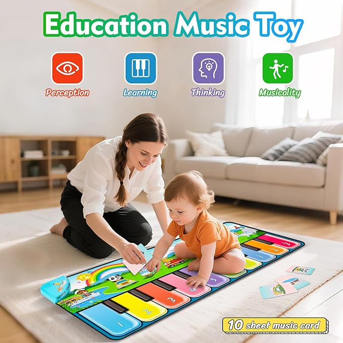FUCEORUY Piano Mat Musical Toys for Toddlers 1-3, Sensory Learning Toy Floor Piano Playmat Toys for 1 2 Year Old Boy Girl Gifts, with 7 Animal, 7 Vehicle & 10 Songs Sound (Kids Edition)