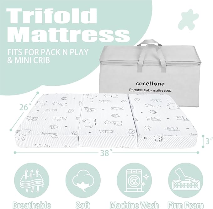 Pack and Play Mattress Pad, 38x26 Dual-Sided Soft & Firm Memory Foam Pack N Play Mattresses Foldable Portable Baby Mattress for Pack n Play with Breathable Animal Jacquard Cover &Travel Bag