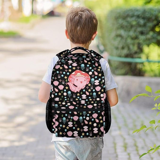 Mercuryelf Axolotl Backpack for Girls, 16 Inch Black Backpacks for School Travel, Cute Lightweight Bookbag for Kids