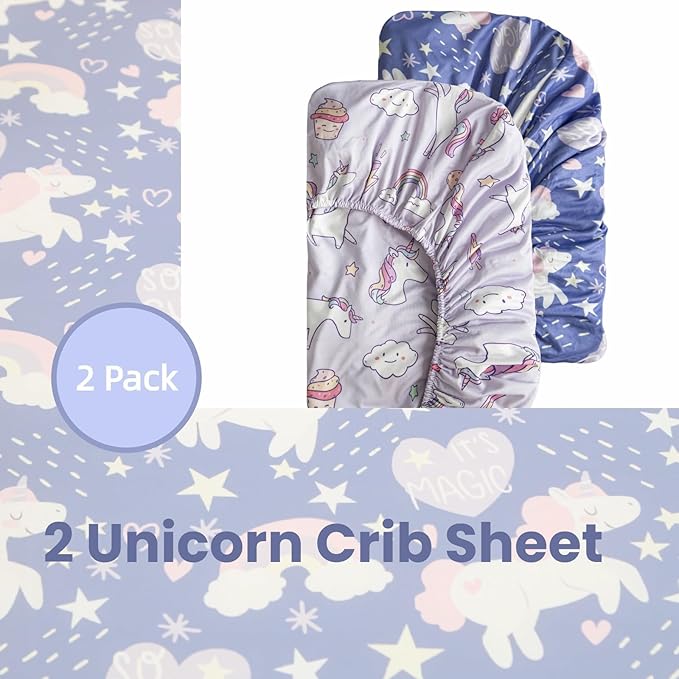 SDIII 2 Pack Unicorn Crib Sheets for Baby Girl 52×28 Stretchy Microfiber Jersey Knit Fall Baby Sheets for Standard Crib and Toddler Mattress