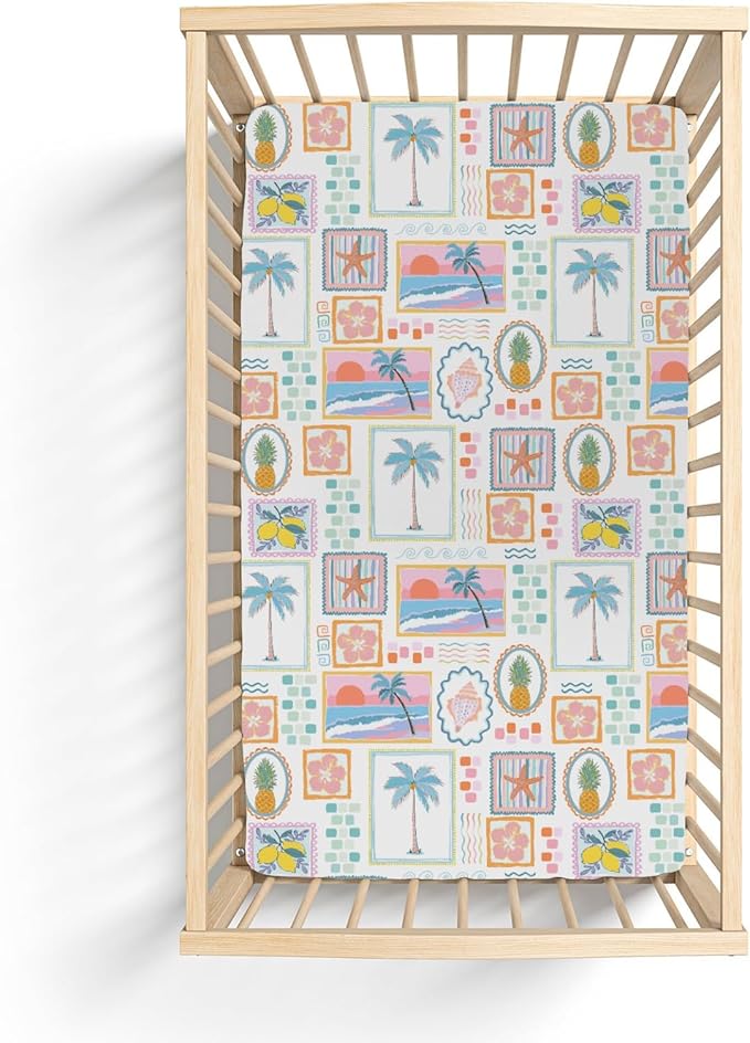 Colorful Beach Patchwork Baby Crib Sheets for Girl 52x28 Bright Summer Seashells Girly Soft Snug Fitted Crib Mattress Cover Pineapple Lemon Palm Starfish Baby Sheet for Crib & Toddler Bed Mattresses