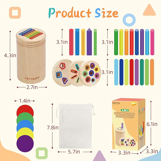 4 in 1 Montessori Toys for 2 3 4 Year Old, Wooden Color Sorting Toys for Toddlers 1-3, Preschool Learning Activities Fine Motor Matching Games, Stocking Stuffers for 18 Month Old Kids