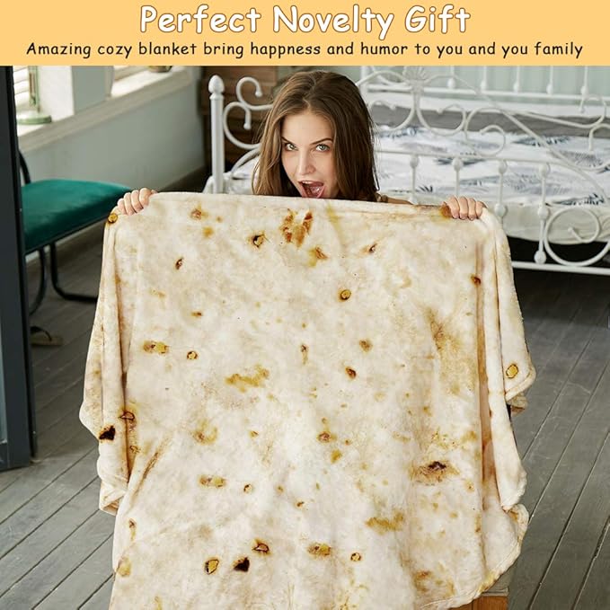 SeaRoomy Burritos Tortilla Throw Blanket, Tortilla Wrap Blanket, Novelty Tortillas Round Blankets Giant Burrito Round Soft Blanket for Adults and Kids (Beige, 71 inches)