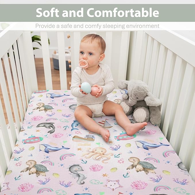 Colorful Ocean Animals Baby Crib Sheets for Boy Girl 52x28Inch Sea Horse Turtle Whale Rainbow Corals Soft Snug Fitted Crib Mattress Cover Marine Life Baby Sheet for Standard Crib & Toddler Mattress