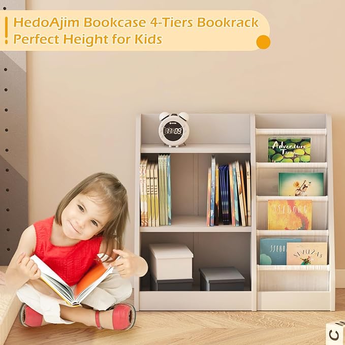 HedoAjim Gray Nursery Bookshelf for Kids 3 Tier Wood Shelf 4 Sling Baby Toddler Bookcase Book Rack with Adjustable Shelf for Boy Girl’s Gift Bedroom Playroom Nursery Classroom Church Kindergarten