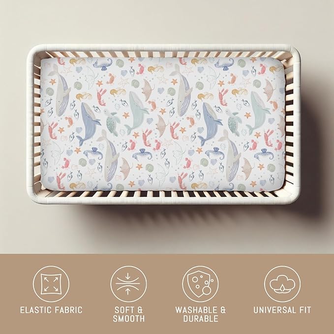 Boho Ocean Animals Baby Crib Sheets for Boys Girls Sea Horse Whale Turtle Crab Fish Soft Stretchy Crib Mattress Fitted Cover for 52''x28'' Standard Crib & Toddler Mattresses Marine Coastal Bed Sheets