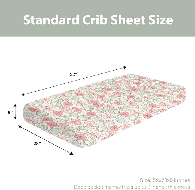 Boho Summer Mermaids Floral Baby Crib Sheets for Boy Girl 52"x28" Beach Seashells Conch Tropical Flowers Soft Snug Fitted Crib Mattress Cover Ocean Marine Baby Sheet for Crib & Toddler Bed Mattress