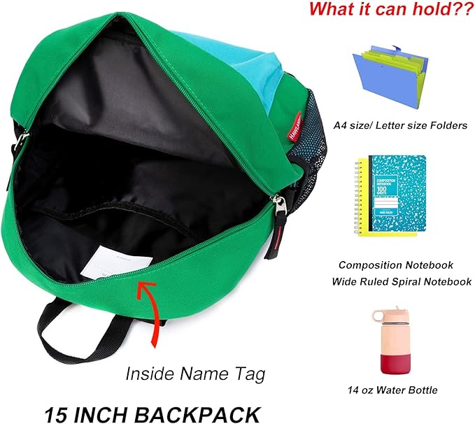 HawLander Little Kids Backpack for Boys or Girls, Toddler School Bag Fits 3 to 6 years old, Green, 15 Inch
