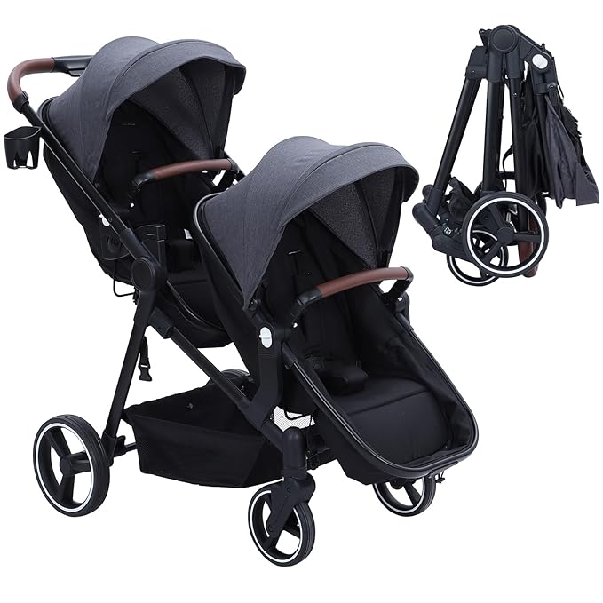 Tandem Double Stroller Newborn and Toddler, Foldable Twin Stroller with Reversible Seat, 5-Point Safety Harness, Adjustable Backrest & Canopy, Storage Basket, Dark Grey
