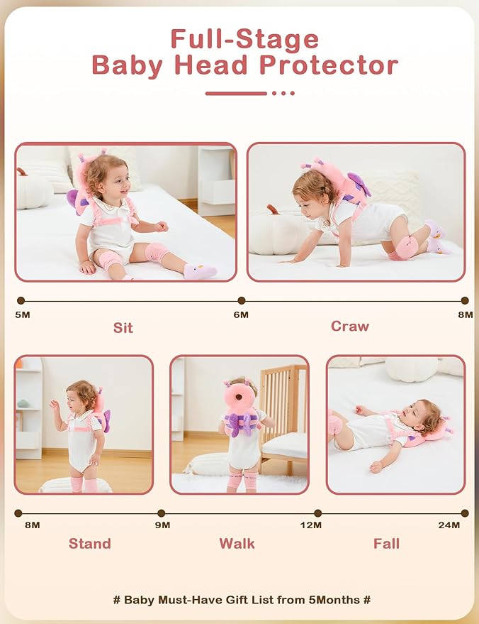 JunNeng Baby Head Protector Backpack, Toddler Walking Fall Head Protection, Pink Butterfly