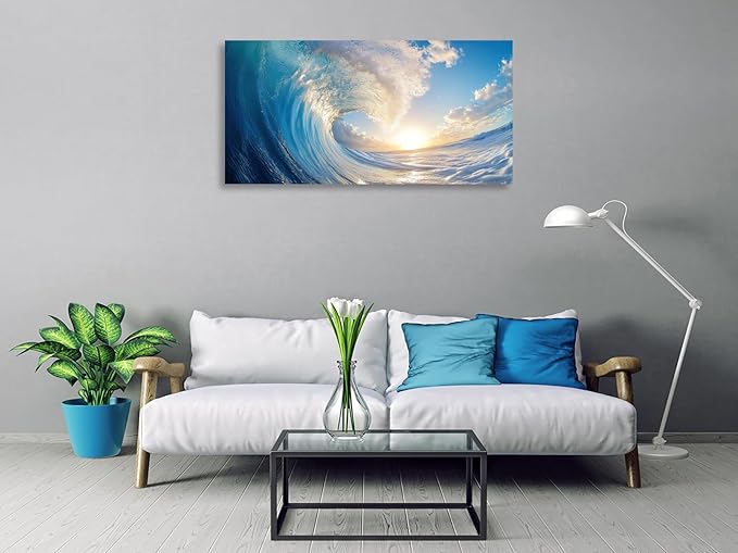 KUNHAAH Wall Art Canvas Painting Ocean Sunset Wave Clear Water 1 Piece Huge Waves Picture Poster Print Framed and Stretched Ready to Hang for Living Room Bedroom