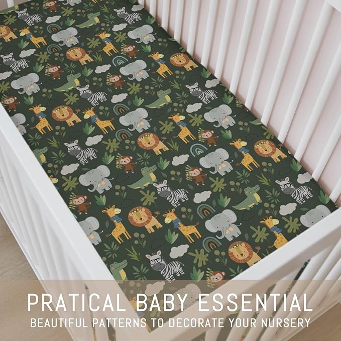 Jungle Safari Animals Baby Crib Sheets for Boy Girl Elephant Lion Zebra Giraffe Leaves Soft Snug Fitted Crib Mattress Covers for 52''x28'' Standard Crib & Toddler Mattress Pad Wild African Bed Sheets