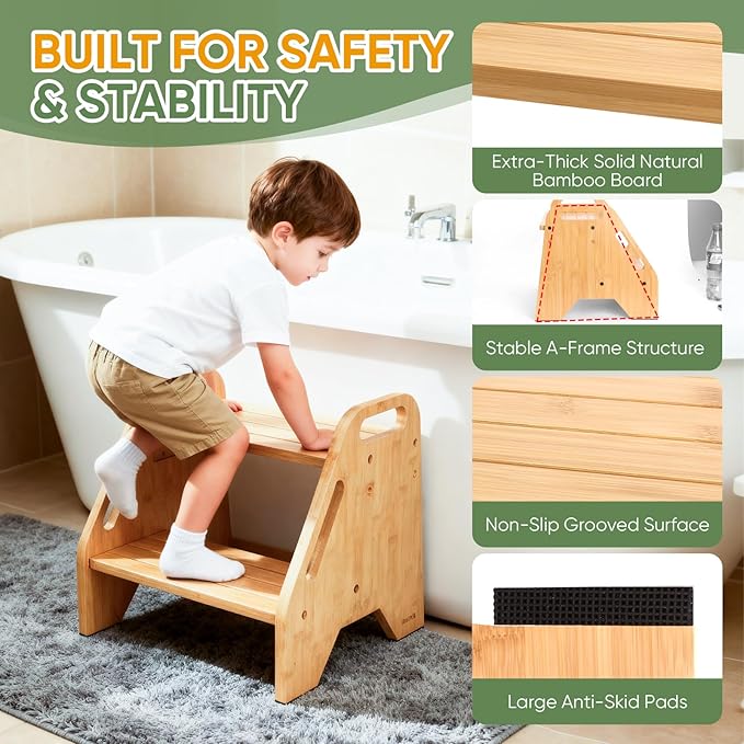 Timberfolkfz Toddler & Kids Step Stool, Adjustable Bamboo Wooden Step Stool for Kitchen, Bathroom Sink & Toilet, Non-Slip 2 Step Stool, Sturdy Compact Design, 220 lbs Capacity