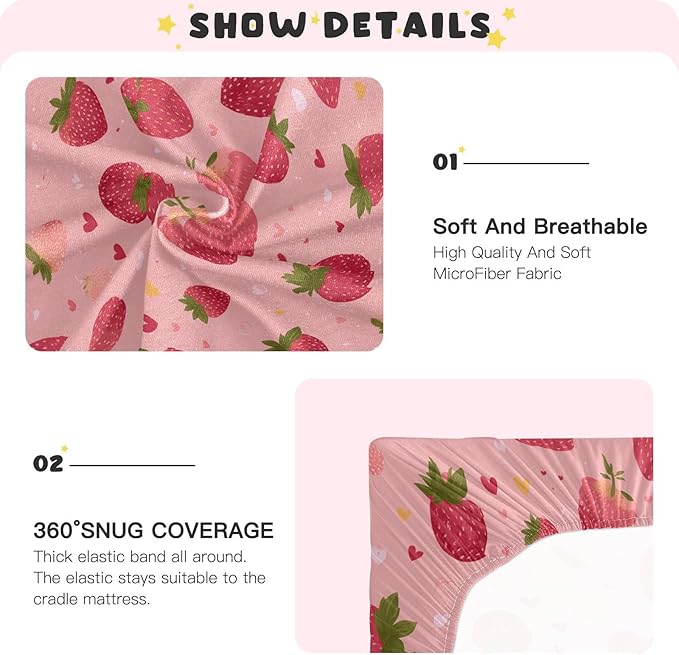 Exotic Fruit Red Strawberry Boys Girls Bassinet Sheets Baby Cribs Sheets Play Sheets Playard Sheet Toddler Stretchy Bed Sheet for Baby Kids Halloween S