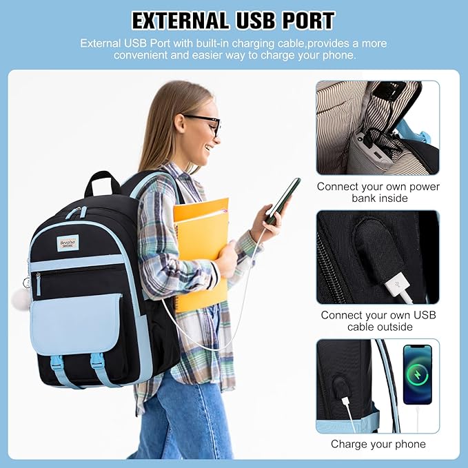 Bevalsa Backpack for Girls, School Backpacks for Girls, Kids Backpack with Lunch Box & Pencil Pouch for Teens Girl Kids Elementary Middle High School College Student Bookbag Daypack (Blue Black)