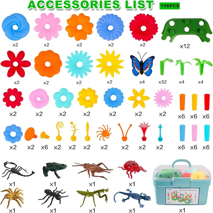 Toys Gifts for 2 3 4 5 6 Years Old Toddler Girls Boys, 156 PCS Insect Flower Garden Building Educational STEM Learning Pretend Play Gardening Set, Christmas Birthday Gifts for Preschool Kids Age 2+