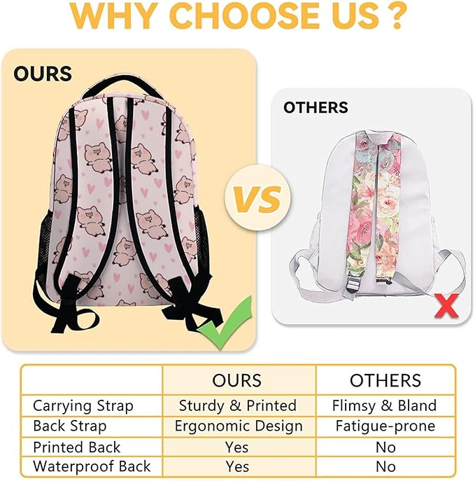 AIOMXZZ Pig Backpack with Lunch Box and Pencil Case, 16 Inch Cute Pig Bookbag Durable, Lightweight, Large Capacity, Funny Animal Backpack for School Girls Kids Women