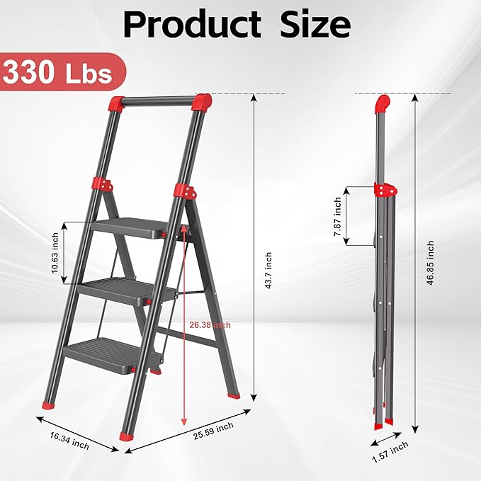 3 Step Ladder, DIAMONDFORGE Folding Step Stool with Wide Anti-Slip Pedal, Anti-Slip Feet and Handgrip, Sturdiest Steel Construction, Steel Ladder for Home, Black Red