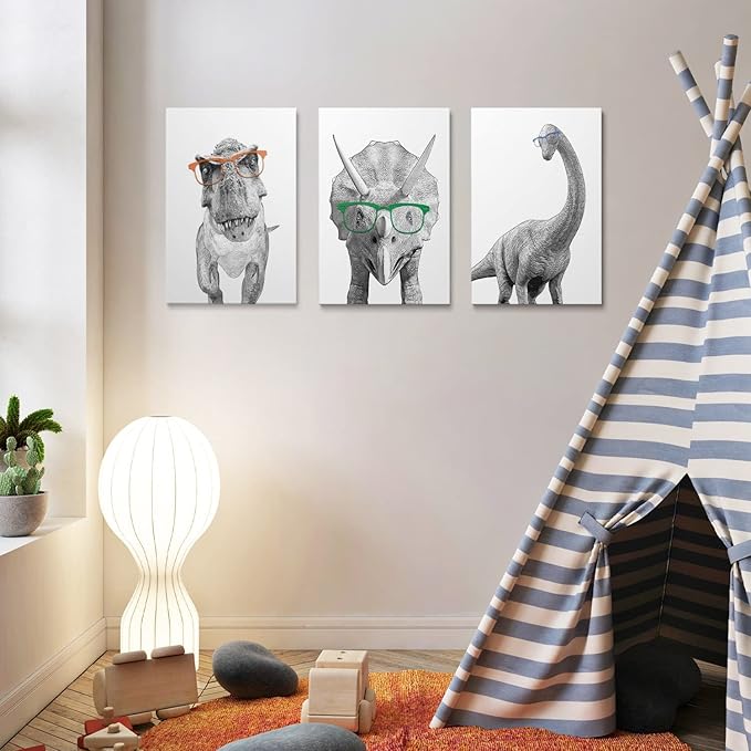 GUBIYU Black and White Animals Canvas Wall Art Print Set of 3 - Dinosaur Bathroom Decor Room Posters - Funny Painting for Kids Boy Girl Nursery 12"x16"