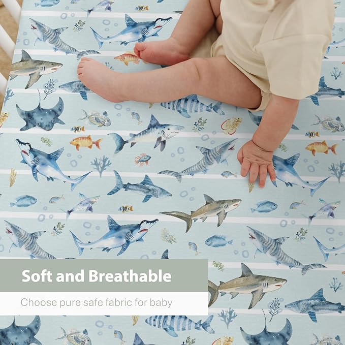 Blue Sharks Baby Crib Sheets for Boy Girl 28"x52" Sea Animals Shark Striped Corals Soft Snug Fitted Crib Mattress Covers Nautical Sharks Baby Sheet for Standard Crib and Toddler Bed Mattress