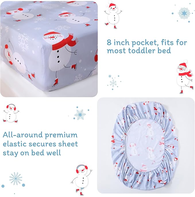 JSD Blue Snowman Toddler Bedding Set, 4 Piece Christmas Winter Toddler Microfiber Comforter Sheet Set, Lightweight Breathable