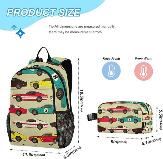 Jucciaco Vintage Car Racecar Backpack with Lunch Bag, School Backpack for Teens Boys Girls Kids Backpacks Set