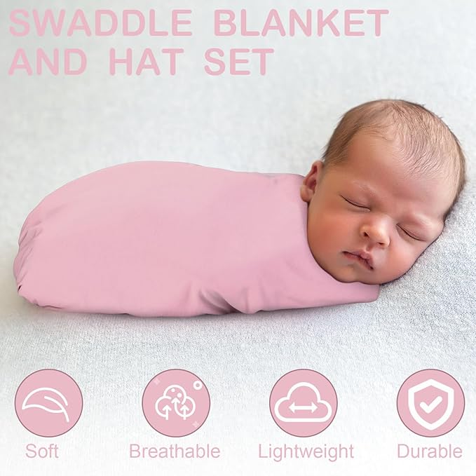 JaGely 2 Pcs Stretchy Baby Swaddle Blankets Set Extra Soft 47" x 47" Baby Newborn Swaddle Blanket and Hat(Pink, Light Purple)