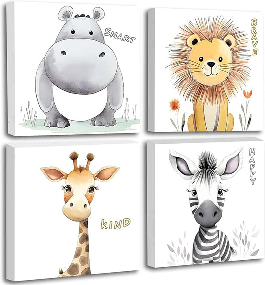 GLOKAKA Nursery Wall Decor Motivational Quotes Canvas Print Wall Art for Kids Bedroom Safari Animal Jungle Boy's Girl's Art Frame Cute Baby Room Decor Artwork Set of 4