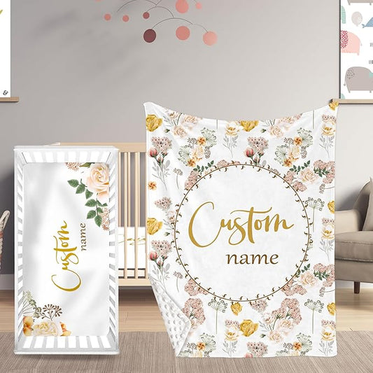 Custom Name Crib Bedding Set for Newborn Girls- 2 Piece Flower Series Baby Set with Blanket, Crib Sheet, Infant Nursery Bedding Set, Gifts for Toddler